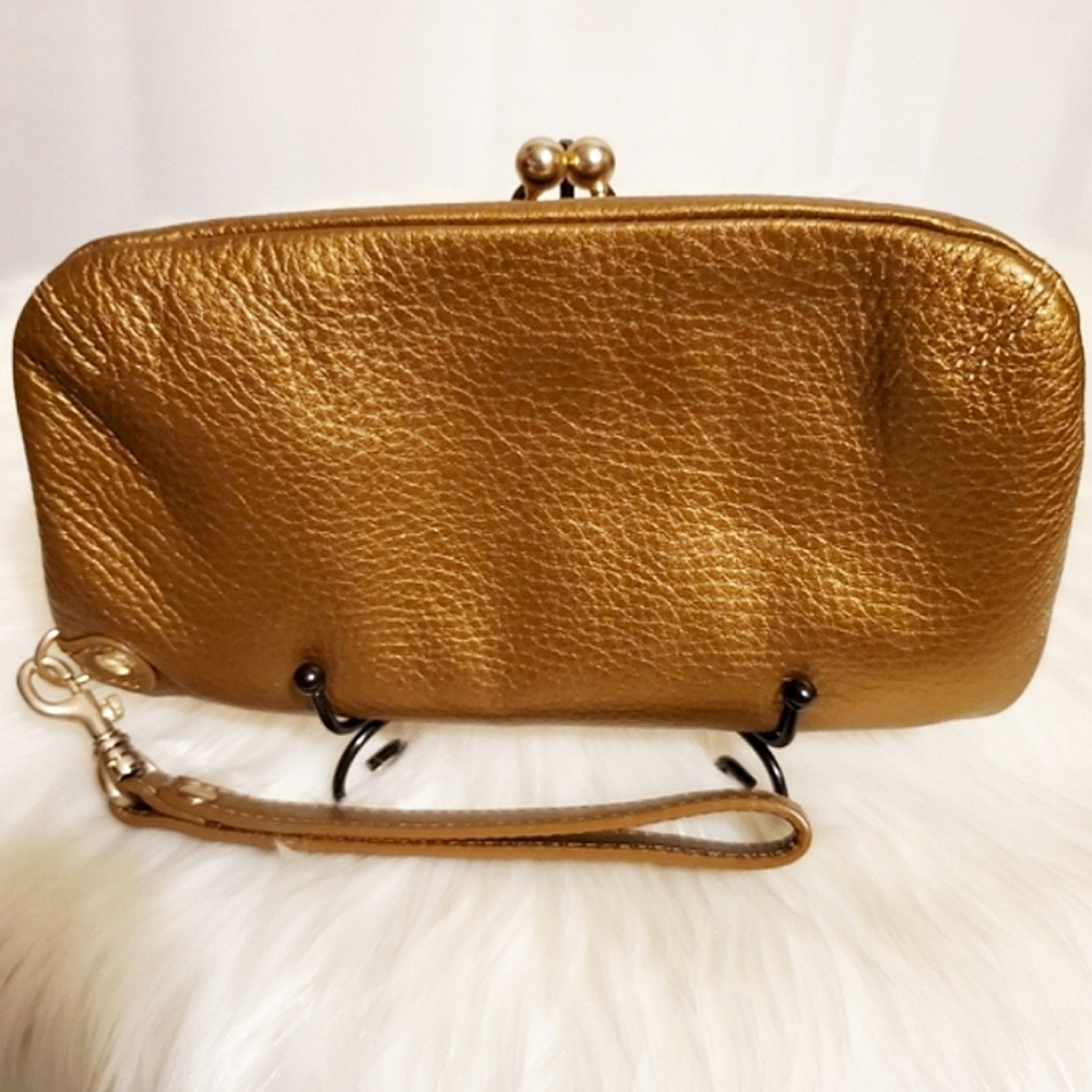HOBO Int'l RARE LG Kisslock Bronze Pebbled Leather Wristlet/Clutch - Picture 5 of 5